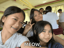 a group of girls are posing for a picture with the word meow on the bottom