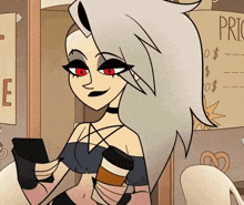 a cartoon character is holding a cup of coffee in front of a price list