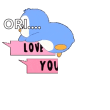 a penguin with a bow on its head is holding a pink banner that says love you so much