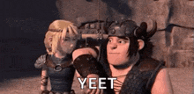 a man and a woman from how to train your dragon are standing next to each other and talking .