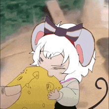 a cartoon drawing of a mouse holding a large piece of cheese
