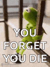 kermit the frog is sitting on a railing with the words `` you forget you die '' written above him .