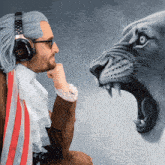 a man wearing headphones is looking at a painting of a lion with its mouth open