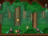 a video game is being played in a forest with a yellow circle in the middle