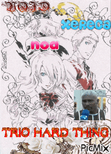 a picture of a man and woman with the words trio hard thing on it