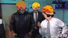 a cartoon of three men wearing masks and hats with gif jif written below them