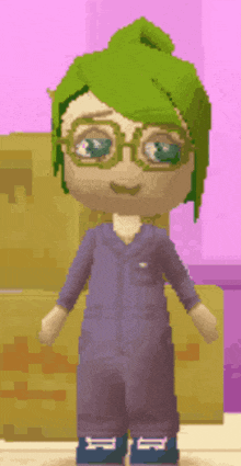 a cartoon character with green hair and glasses is wearing a blue jumpsuit