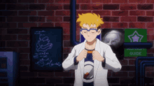 a man in a lab coat stands in front of a brick wall
