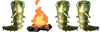 a cartoon caterpillar is smoking a cigarette next to a campfire