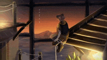 a painting of a person sitting on a ledge looking out a window