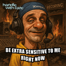 a cartoon of a man wearing headphones with the words be extra sensitive to me right now above him