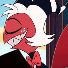 a close up of a cartoon character with red and white hair