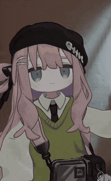 a drawing of a girl with pink hair wearing a beret and a green vest