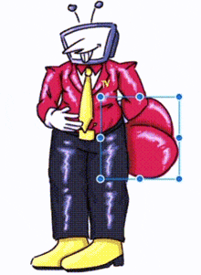 a cartoon character with a tv head is wearing a red suit and tie