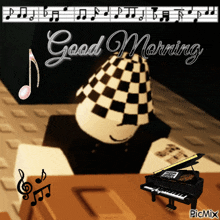 a picture of a piano with the words good morning written above it
