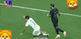 two soccer players on a field with one wearing number 77