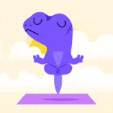 a purple cartoon character is meditating on a purple yoga mat