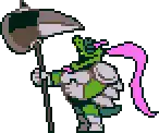 a pixel art of a monster with a pink tail holding a spear