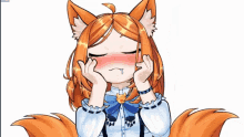 a girl with fox ears is making a funny face with her eyes closed