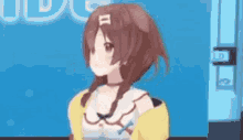 a cartoon girl with brown hair and a yellow shirt is standing in front of a blue background .