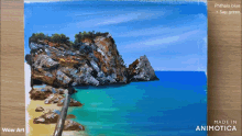 a painting of a beach with the words wow art made in animatica