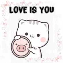 a picture of a cat holding a mirror with the words love is you written above it