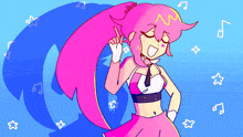 a drawing of a girl with pink hair and a bow in her hair