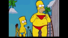 homer simpson and bart simpson are standing next to each other in swimsuits