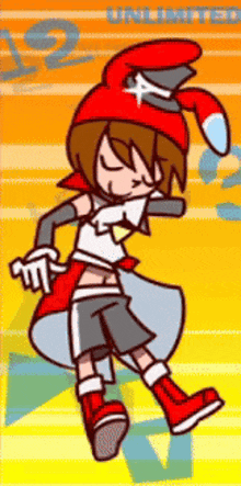 a girl in a red hat is dancing in front of a yellow background that says unlimited