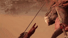 a person is holding a rope in front of a horse in a video game