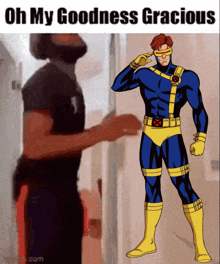a cartoon of a man in a superhero costume with the words oh my goodness gracious above him