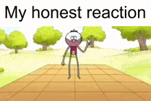 a cartoon character is standing on a tiled floor in a park .