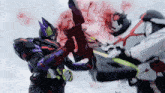 two robots are fighting each other with a sword in a cartoon .