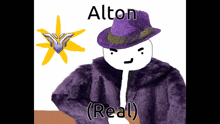 a cartoon character wearing a purple fur coat and a purple hat with the name alton written on it