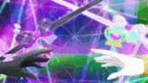 a couple of hands reaching out towards each other in front of a purple background