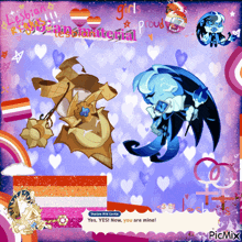 a picture of two cartoon characters with the words " yes yes now you are mine " at the bottom