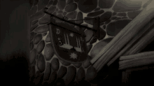 a sign is hanging from a stone wall .