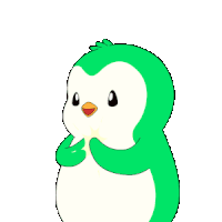 a green and white penguin with a yellow beak is standing on a white background .
