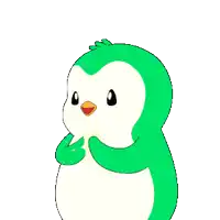 a green and white penguin with a yellow beak is standing on a white background .