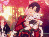 a man in a red jacket is holding a white teddy bear .