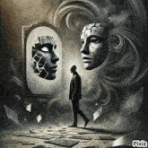 a man is walking in front of a mirror with two faces on it