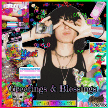 a collage of greetings and blessings with a woman taking a picture of herself
