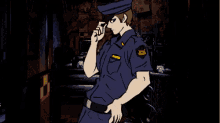 a cartoon of a police officer standing in a dark room with a fan in the background .