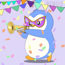 a penguin is wearing a mask and blowing a trumpet