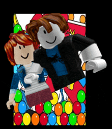 a boy and a girl are standing in front of balloons