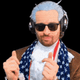 a man wearing a wig and headphones giving a thumbs up
