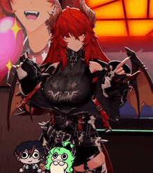 a girl with red hair and horns is standing next to a cartoon character