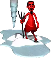 a cartoon of a devil holding a trident standing on an island