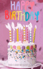 a birthday cake with candles and sprinkles on it is on a plate .