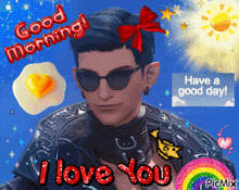 a man with sunglasses and a red bow on his head says good morning i love you